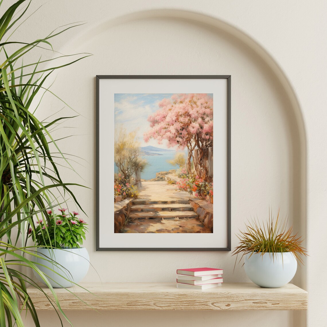 European Garden Steps to the Sea with Pink Blossom Trees Travel Poster - Image 2