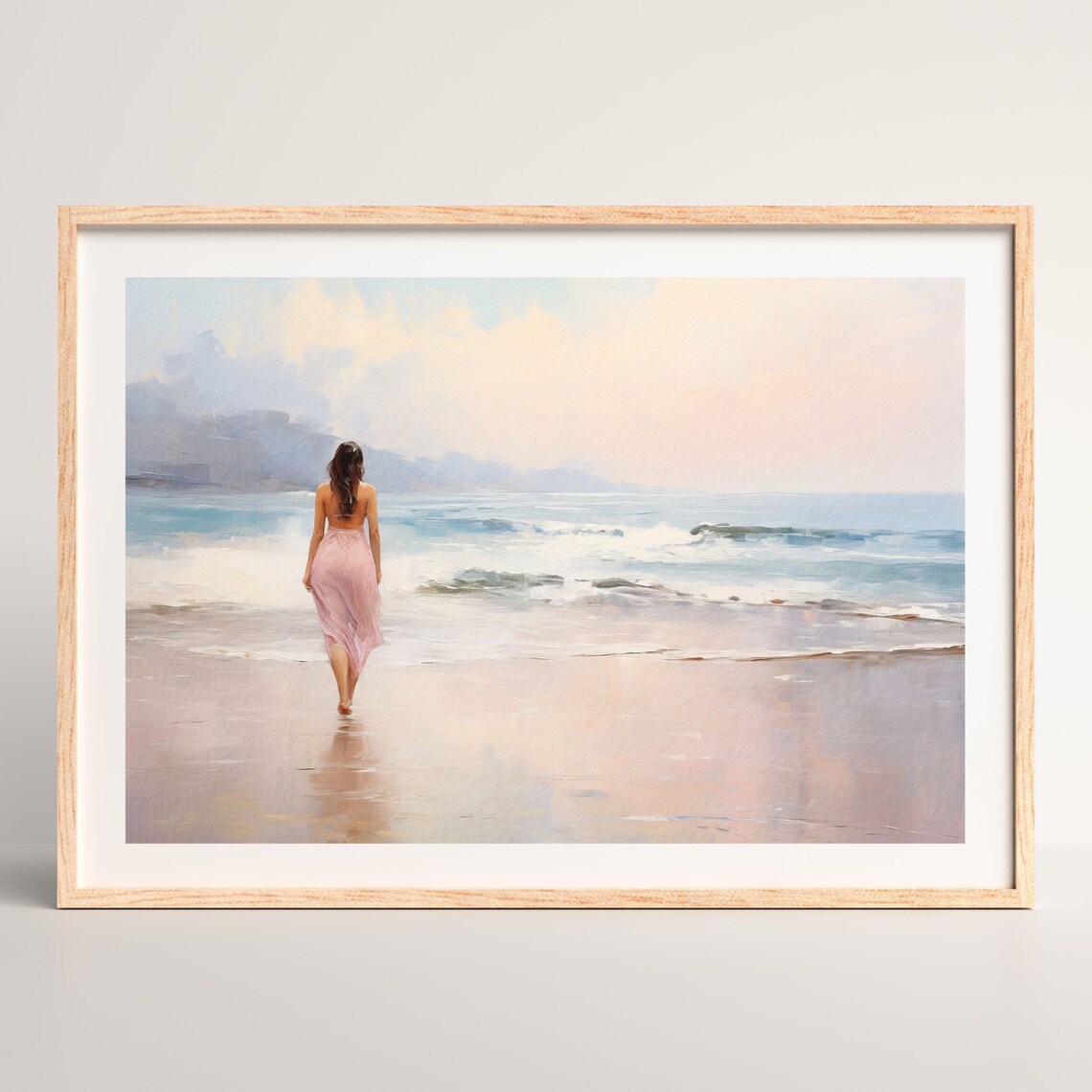 Woman Walking Beach Pink Dress Pastel Ocean Waves Painting Poster - Image 2