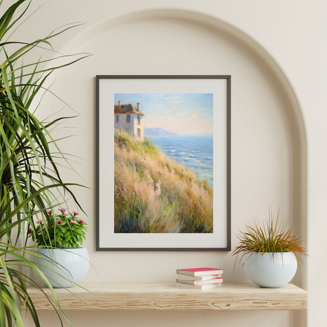 Italian Coastal Cliff House Overlooking Sea Vintage Painting Poster - Image 2
