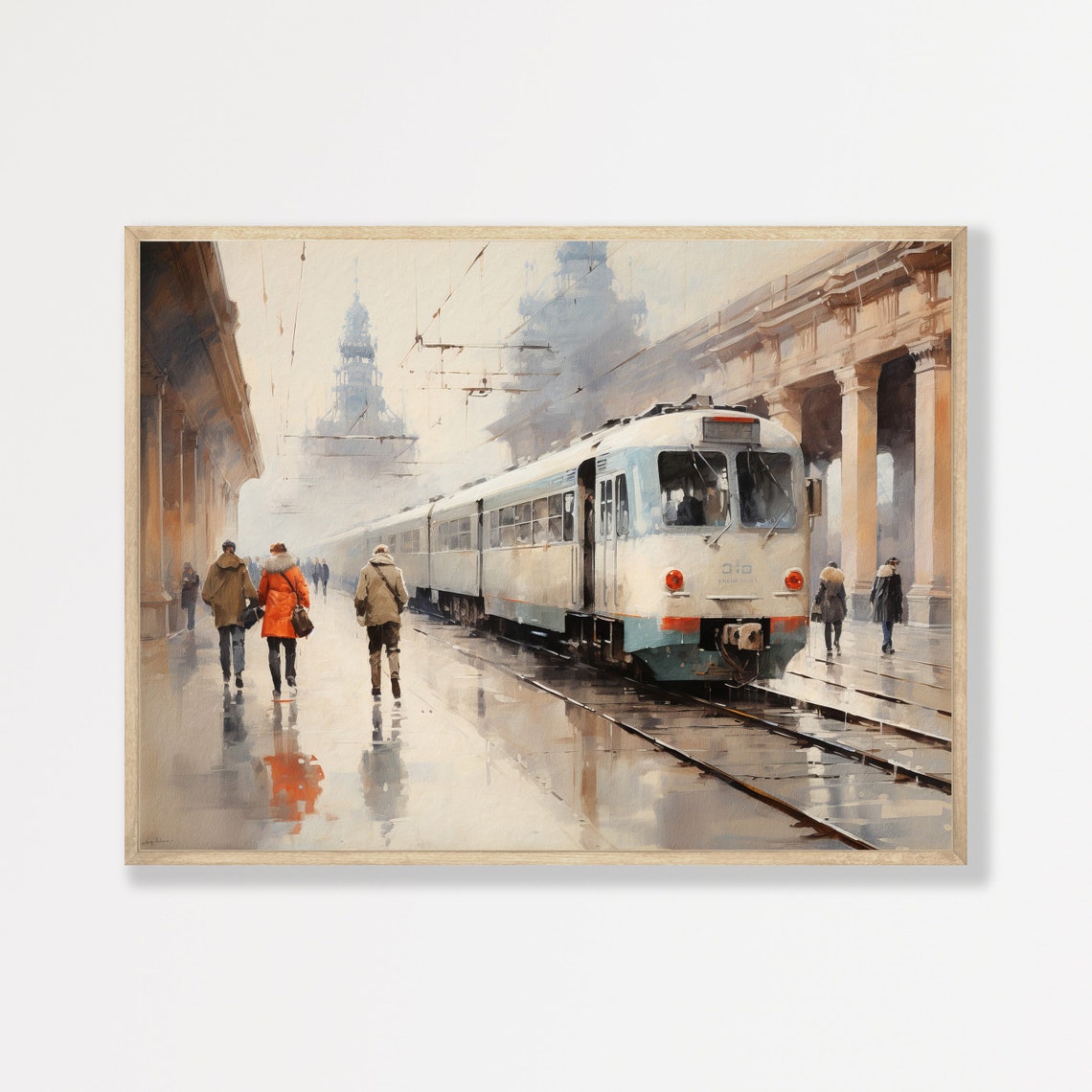 Vintage Train Station Print Neutral Antique Oil Painting Minimal Rustic Wall Art Living Room Decor P 755