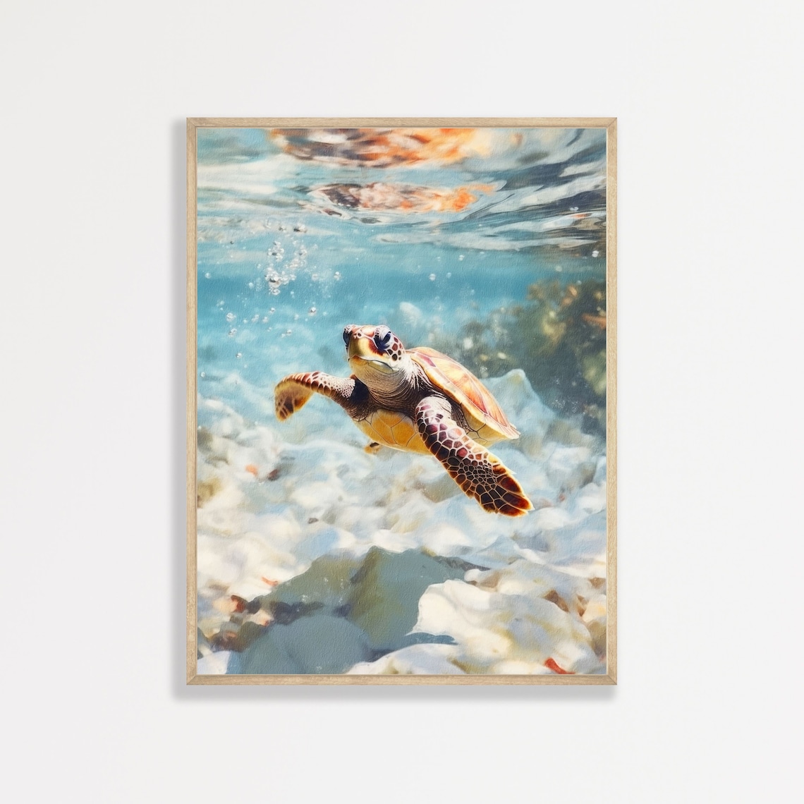 Retro Turtle Painting, Pastel Blue Coastal Art Print