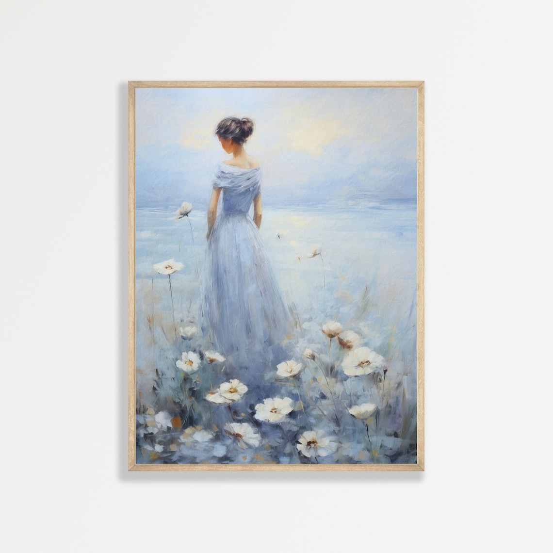 Flower Field Portrait, Retro Pastel Blue Art Print