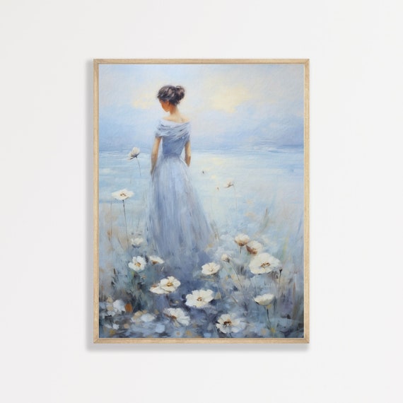 Flower Field Portrait, Retro Pastel Blue Art Print