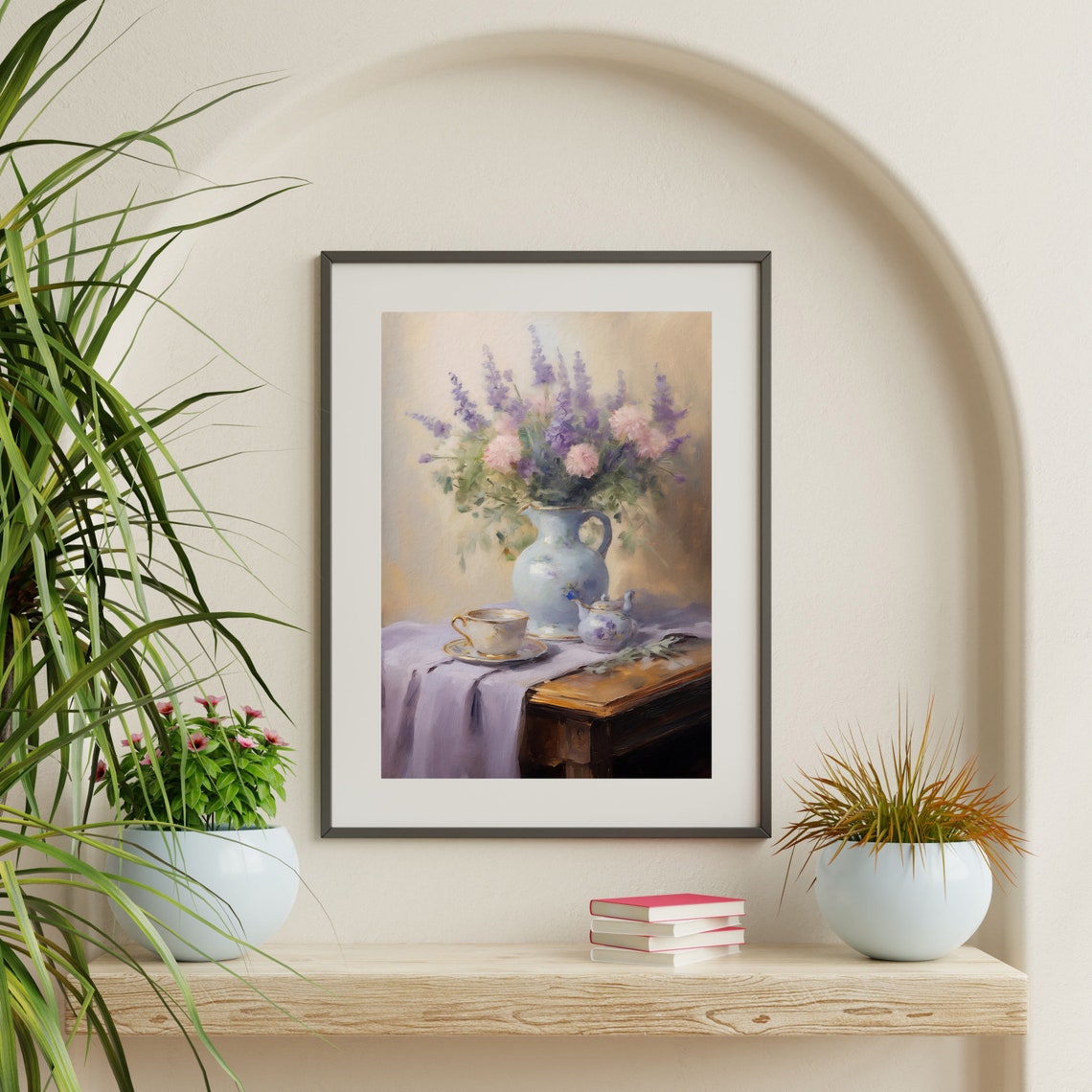 Purple Lilac and Pink Flower Still Life in Blue Vase Vintage Wall Art - Image 2