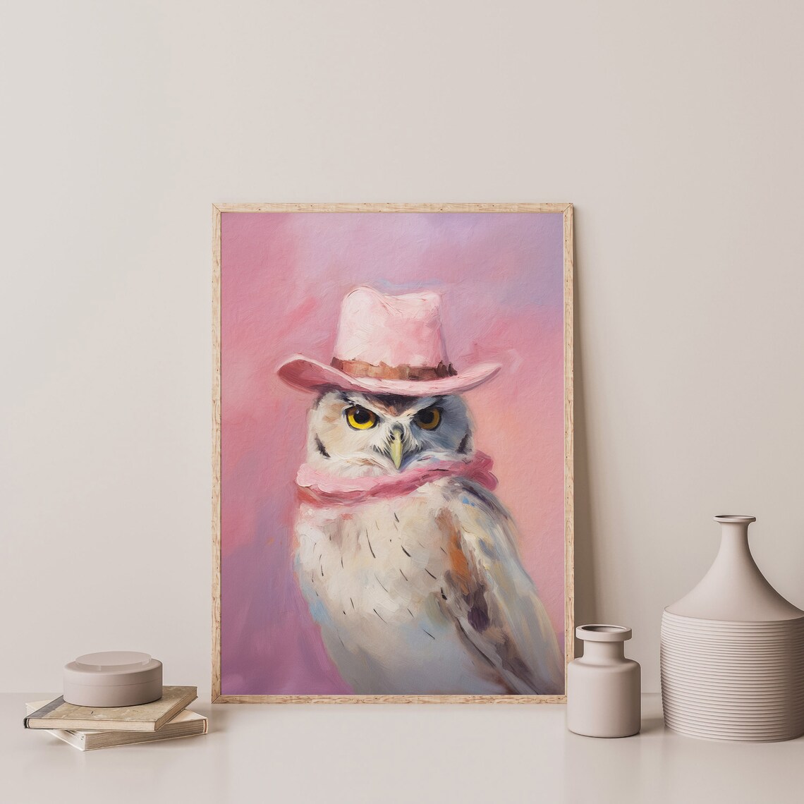 Owl In Pink Cowboy Hat And Scarf Funny Bird Portrait Wall Art - Image 3