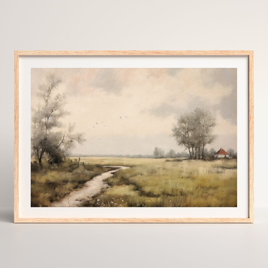 Moody Country Path Through Golden Meadows to a Red Roof Cottage Print - Image 2