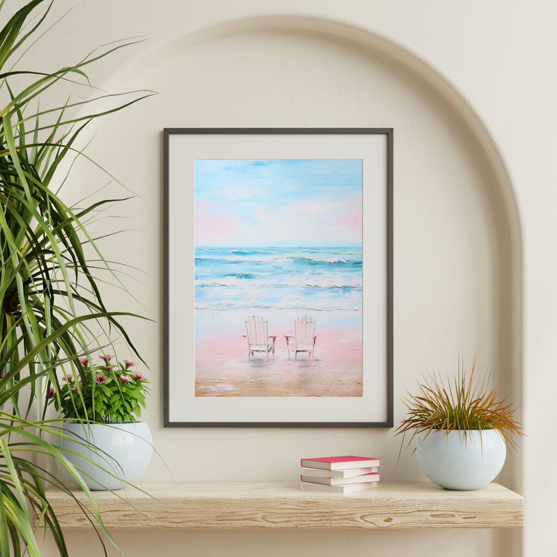 Two Beach Chairs Ocean View Pink Sand Pastel Seascape Painting Poster - Image 2