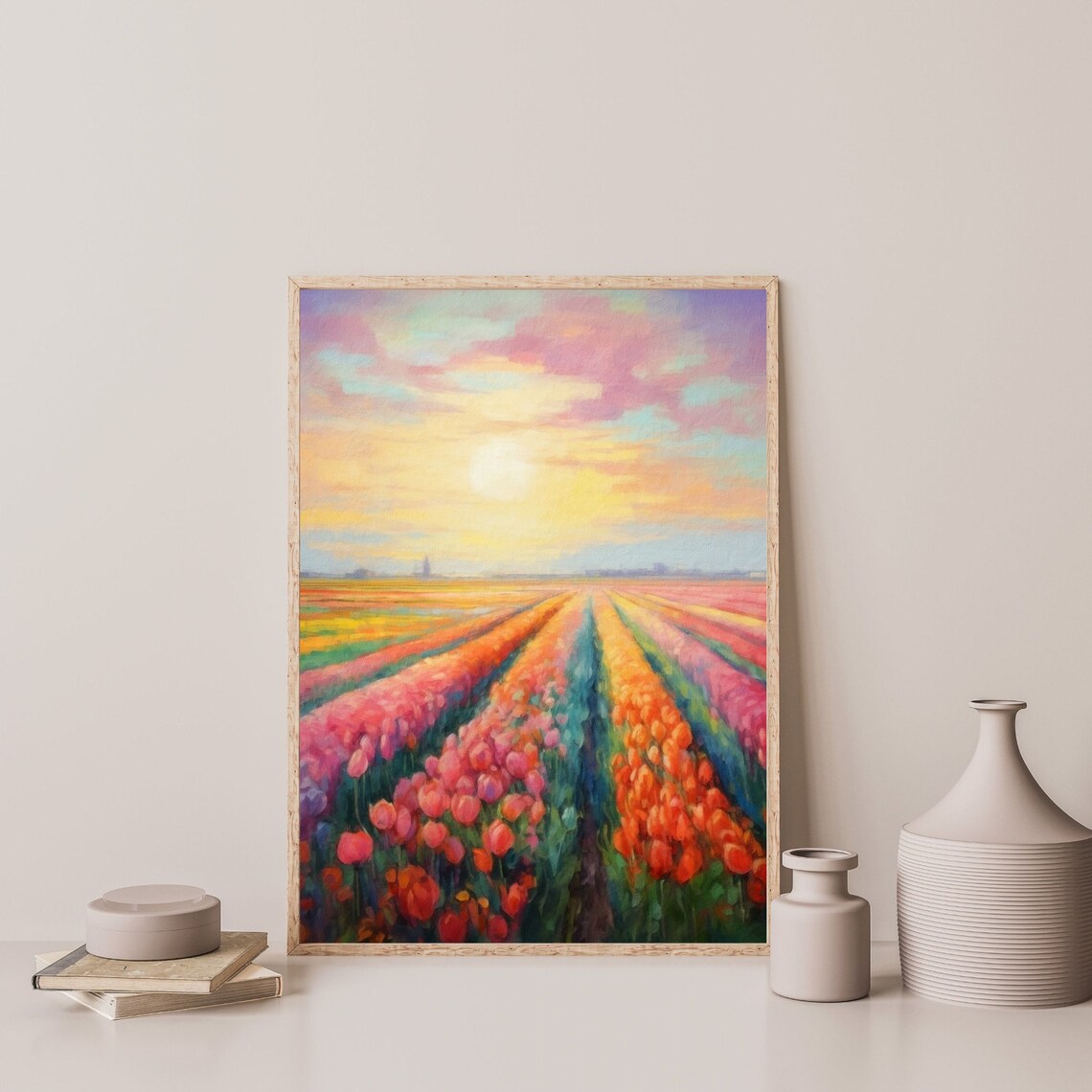 Colorful Tulip Field Retro Countryside Art Print - Image 3