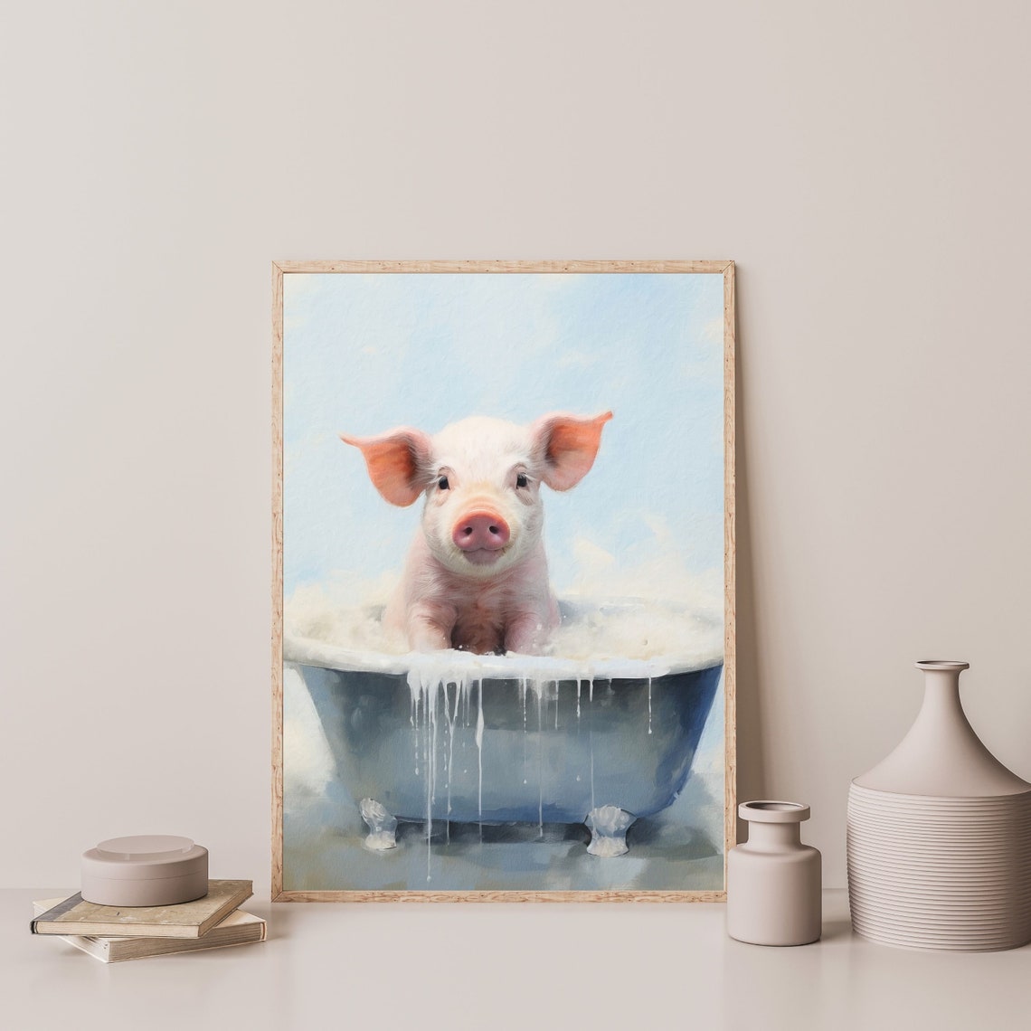 Cute Piglet Bubble Bath Vintage Tub Funny Nursery Animal Poster - Image 3