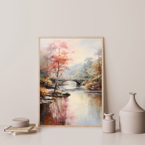 Spring Bridge Painting Retro Landscape Countryside Artwork Minimal Nature Wall Art Antique Pastel Decor P 604