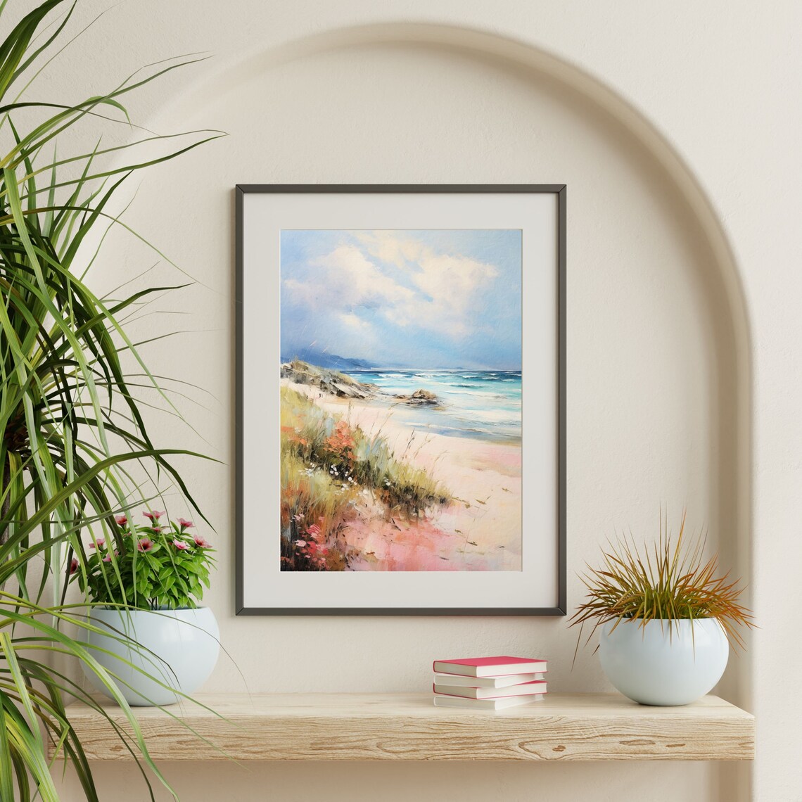 Beach Cove Wildflowers Sandy Shore Turquoise Waves Painting Poster - Image 2