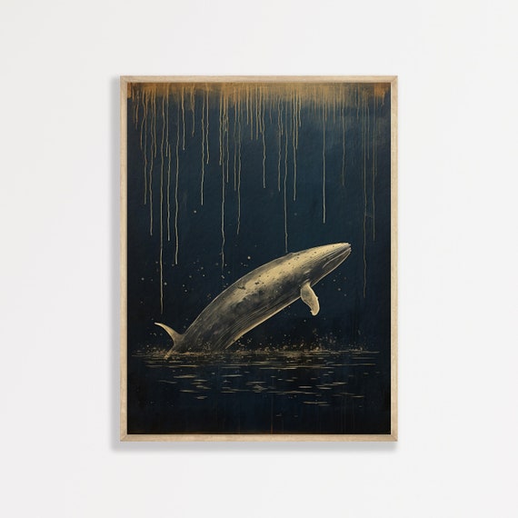Dark Whale Print Navy Blue And Gold Wall Art Vintage Japanese Art Moody Modern Artwork Minimal Japandi Decor P 695