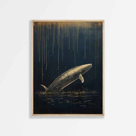 Leaping Whale Navy Blue Gold Night Japanese Woodblock Style Ocean Poster