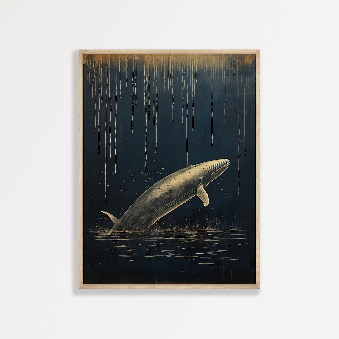 Leaping Whale Navy Blue Gold Night Japanese Woodblock Style Ocean Poster