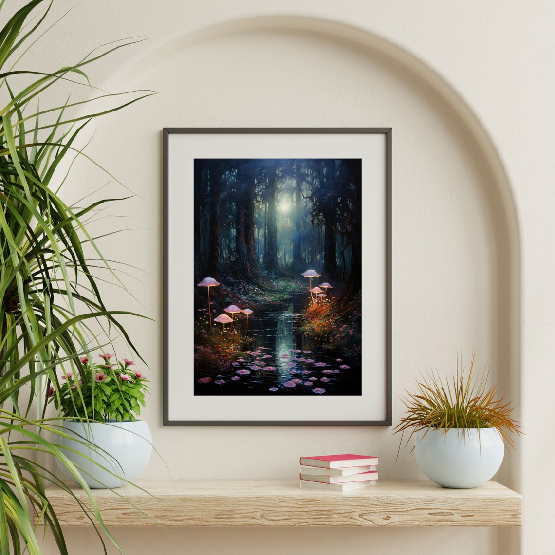 Glowing Mushrooms Dark Forest Stream Enchanted Night Landscape Poster - Image 2