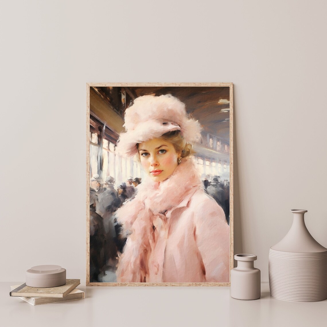 Train Station Portrait, Pastel Pink Oil Painting Print - Image 3