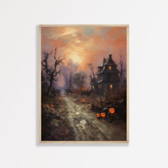 Autumn Evening Halloween Oil Painting Poster, Retro Landscape
