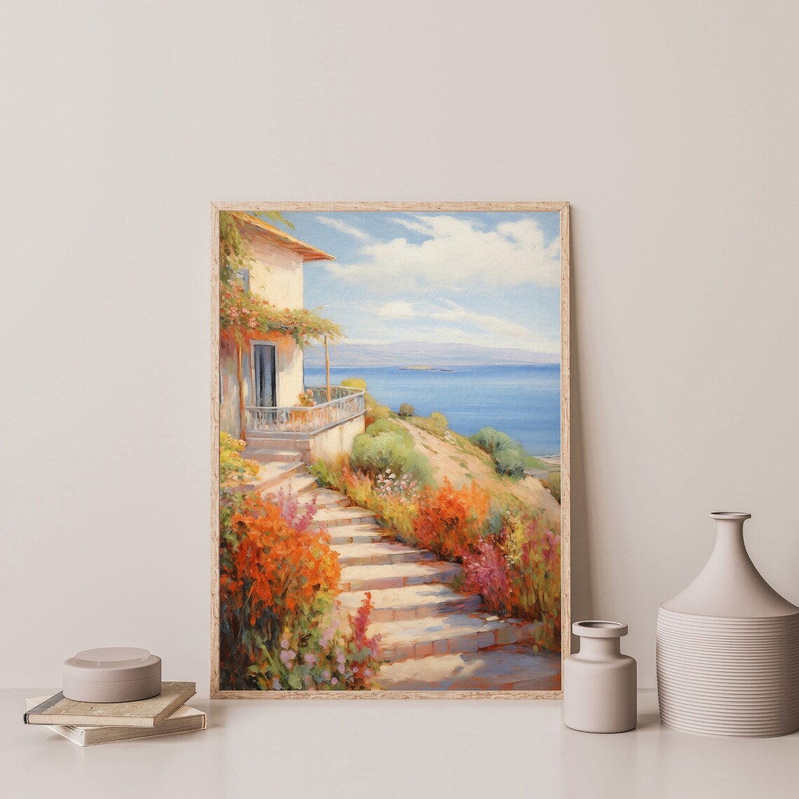 Italian Coastal Villa Stairway Garden Sea View Vintage Painting Poster - Image 3