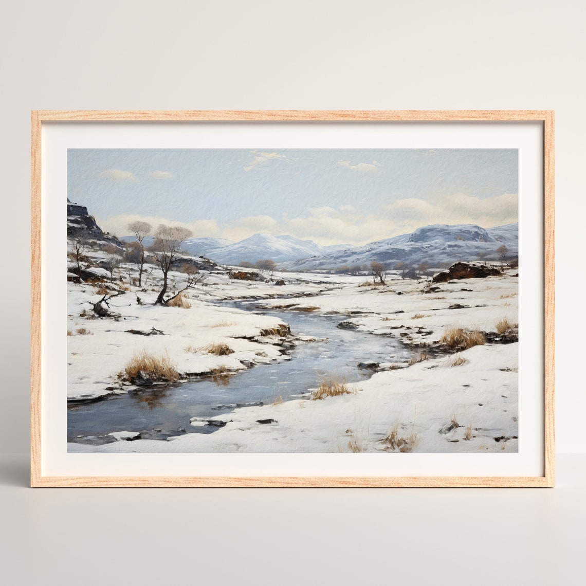 Snowy Mountain Valley with a Winding Stream Winter Landscape Poster - Image 2