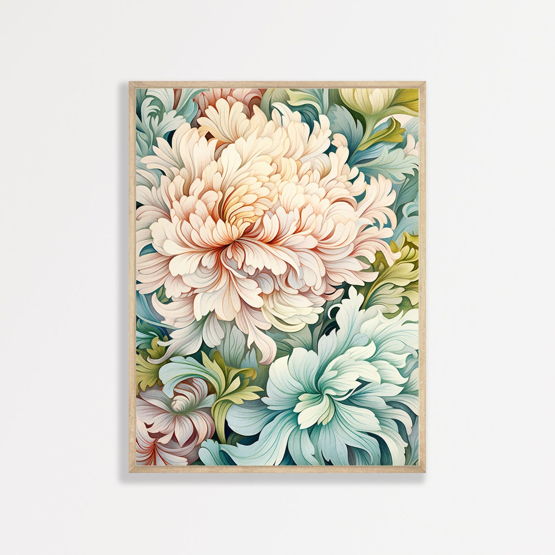 Cream Chrysanthemum Blooms Teal Background Vintage Botanical Print
