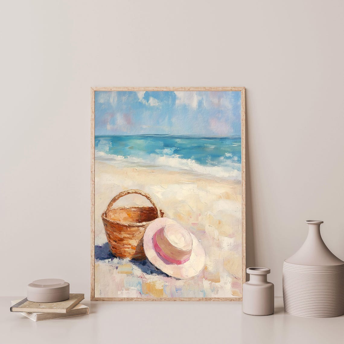 Beach Basket Straw Hat Sandy Shore Turquoise Sea Summer Travel Poster - Image 3