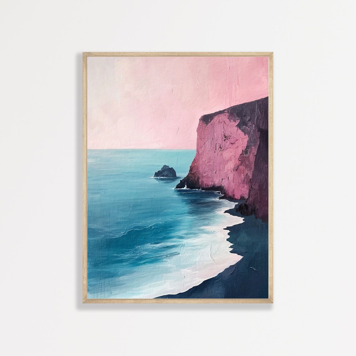 Magenta Cliff Teal Ocean Pink Sky Minimalist Coastal Painting Poster