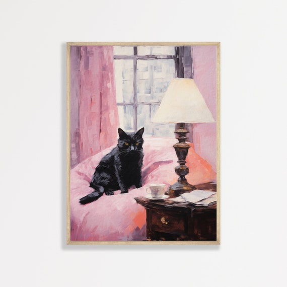 Black Cat Retro Pink Minimal Vintage Art Print