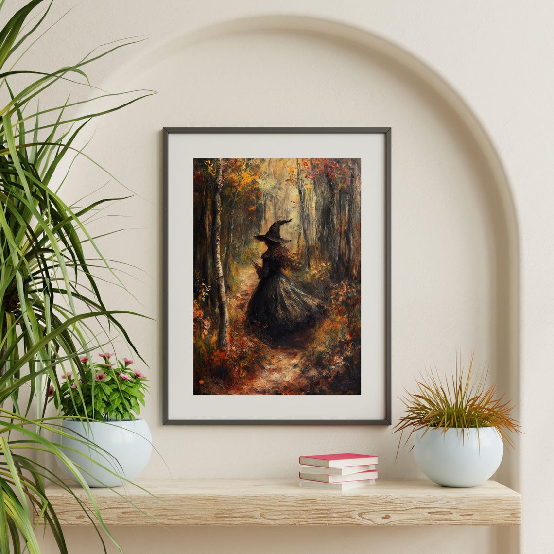 Autumn Witch Walking Misty Forest Vintage Oil Painting Poster - Image 2