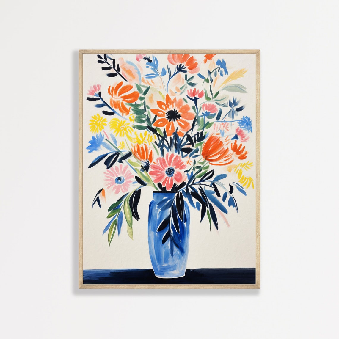 Vivid Wildflower Bouquet Cobalt Vase Modern Floral Still Life Poster