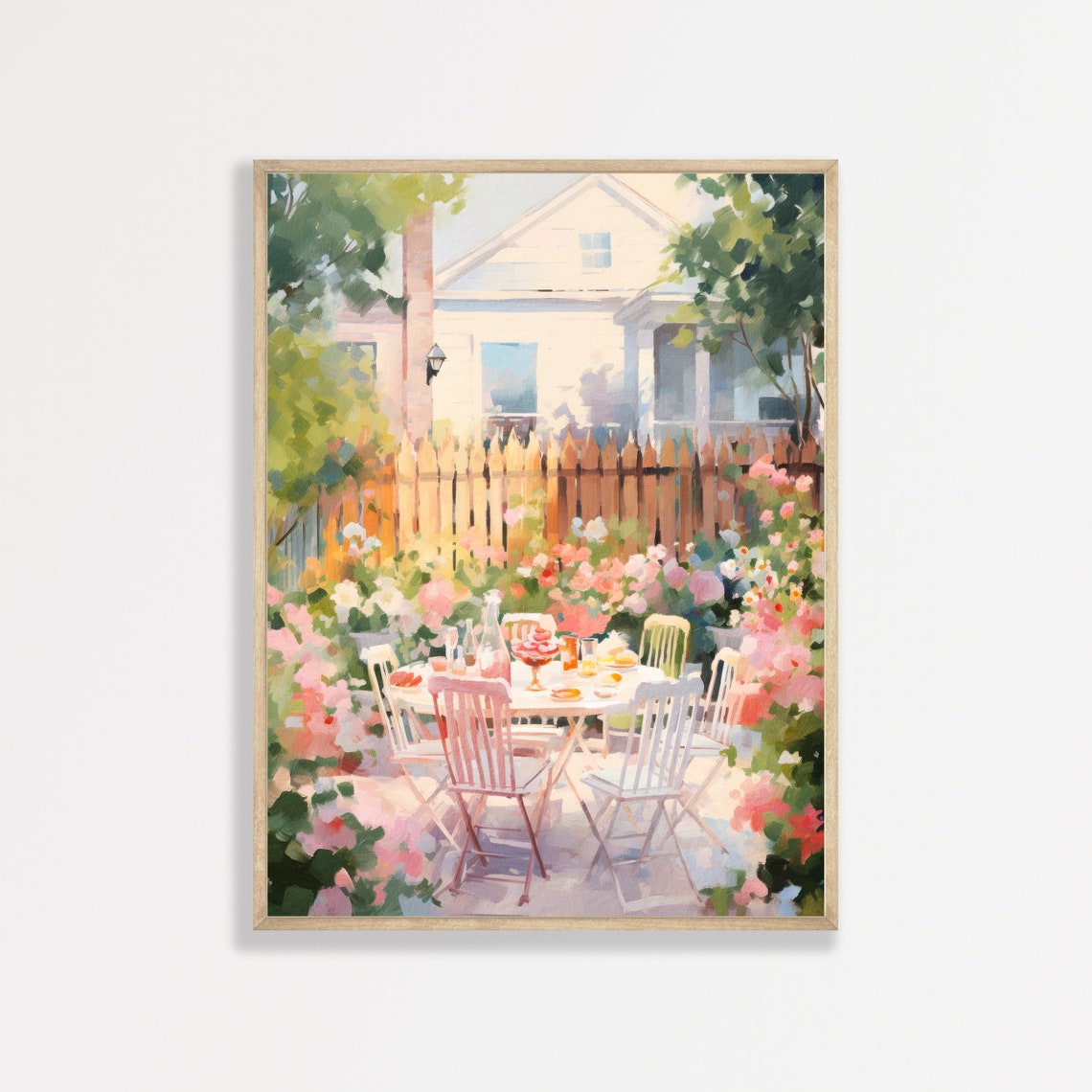 Garden Picnic Table Summer Lunch Flowers Fence Sunny Backyard Wall Art