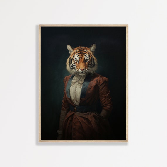 Gothic Tiger Print Vintage Moody Oil Painting Dark Academia Decor Rustic Antique Maximalist Wall Art P 847