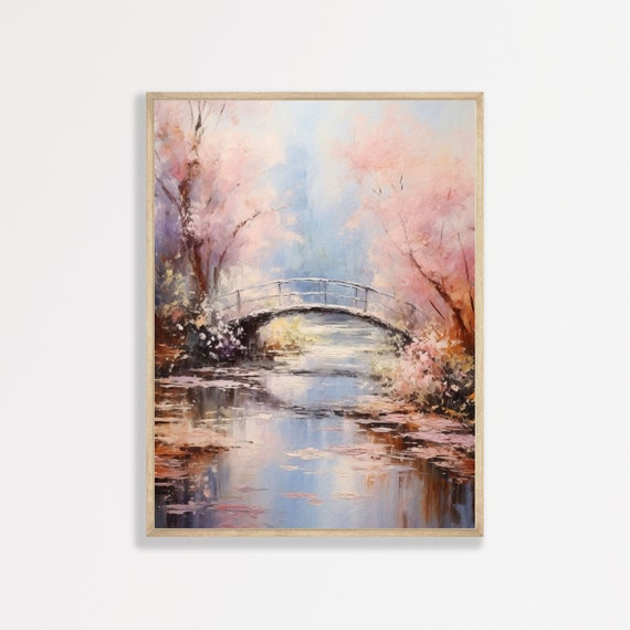 Bridge Blossoms Art Print Vintage Landscape Painting Retro Bathroom Bedroom Wall Art Decor P 314