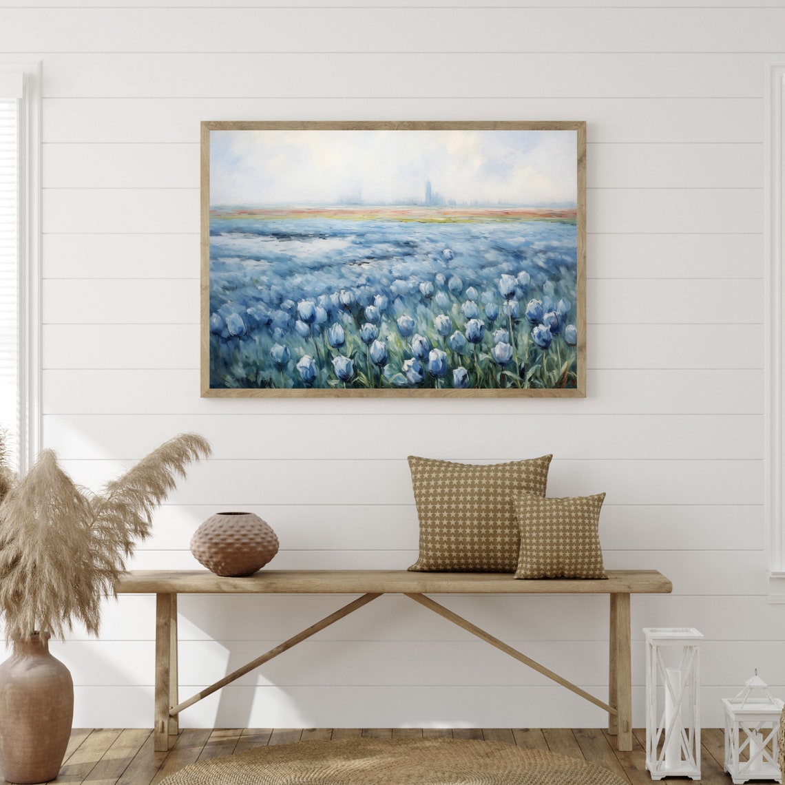 Blue Tulip Field Misty Horizon Vintage Floral Landscape Wall Art - Image 3