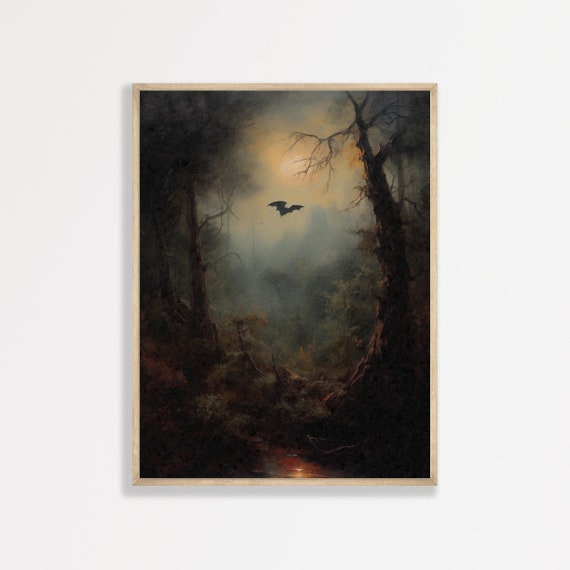 Forest Bat Vintage Nature Landscape, Dark Academia Art Print