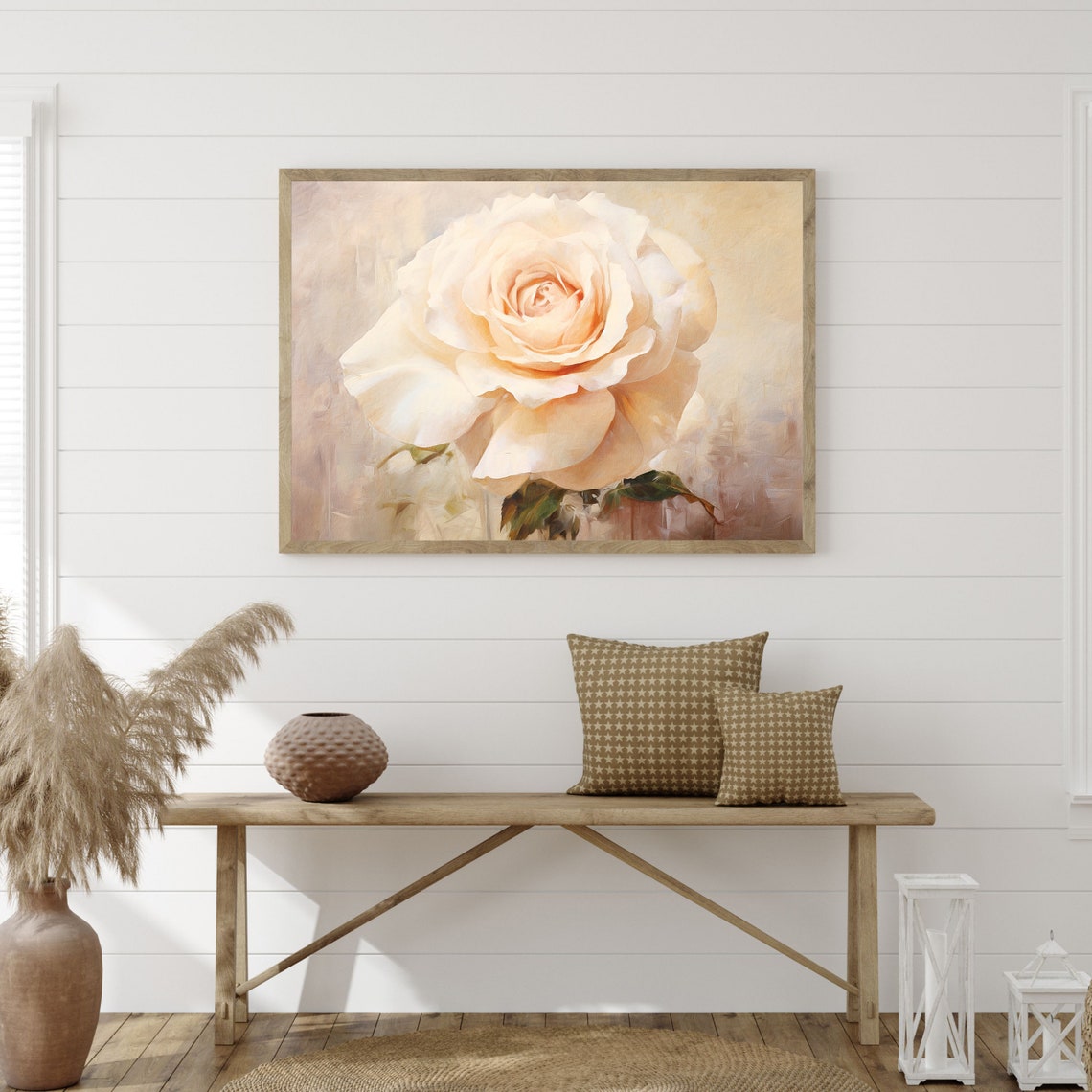 Cream White Rose Close Up Soft Vintage Floral Oil Painting Print - Image 3