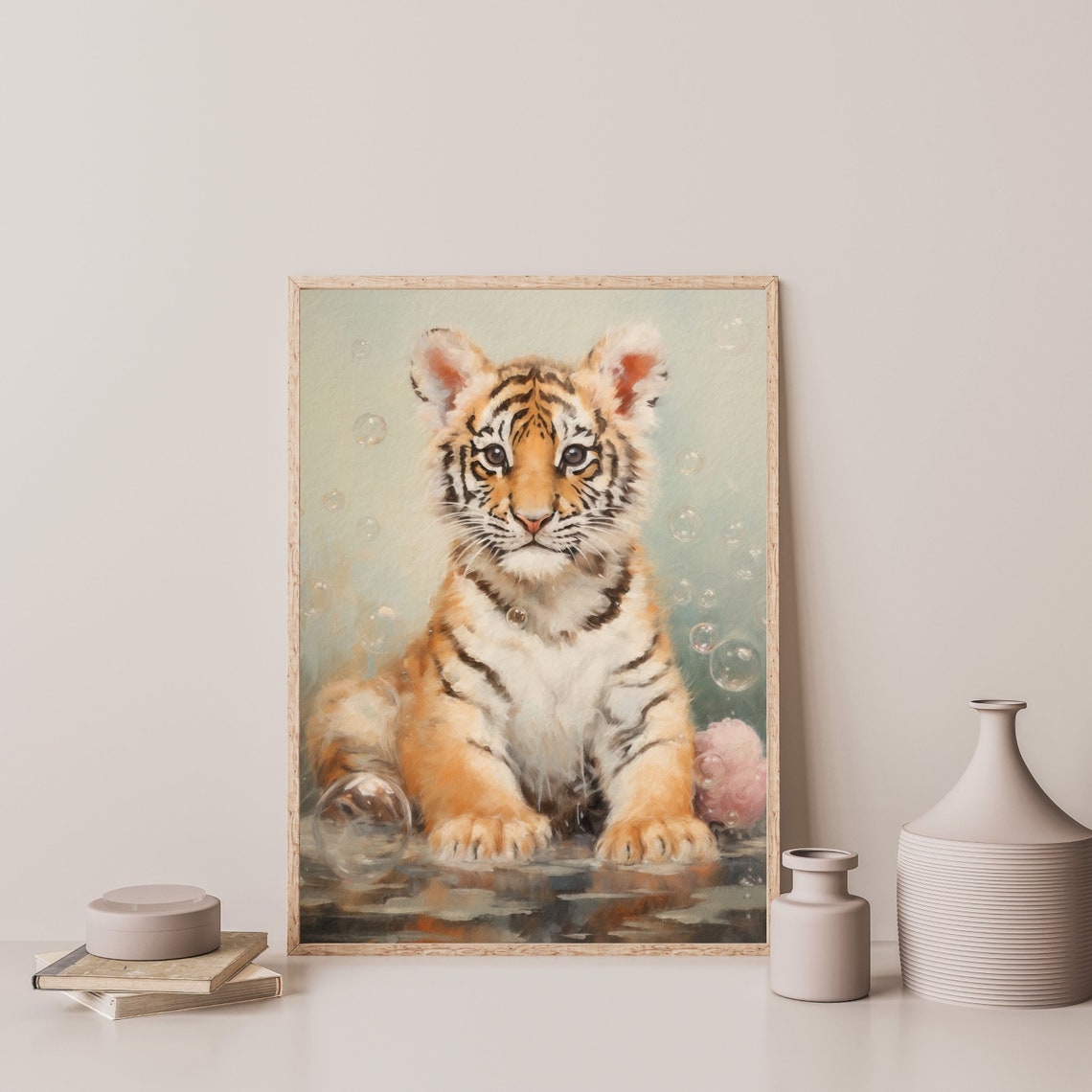 Baby Tiger Cub Bubbles Watercolor Cute Nursery Animal Art Poster - Image 3