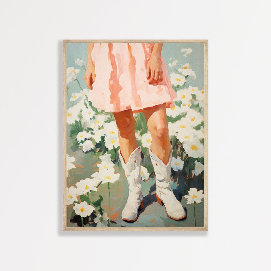 Cowgirl White Boots Pink Dress Daisy Field Retro Wall Art Poster