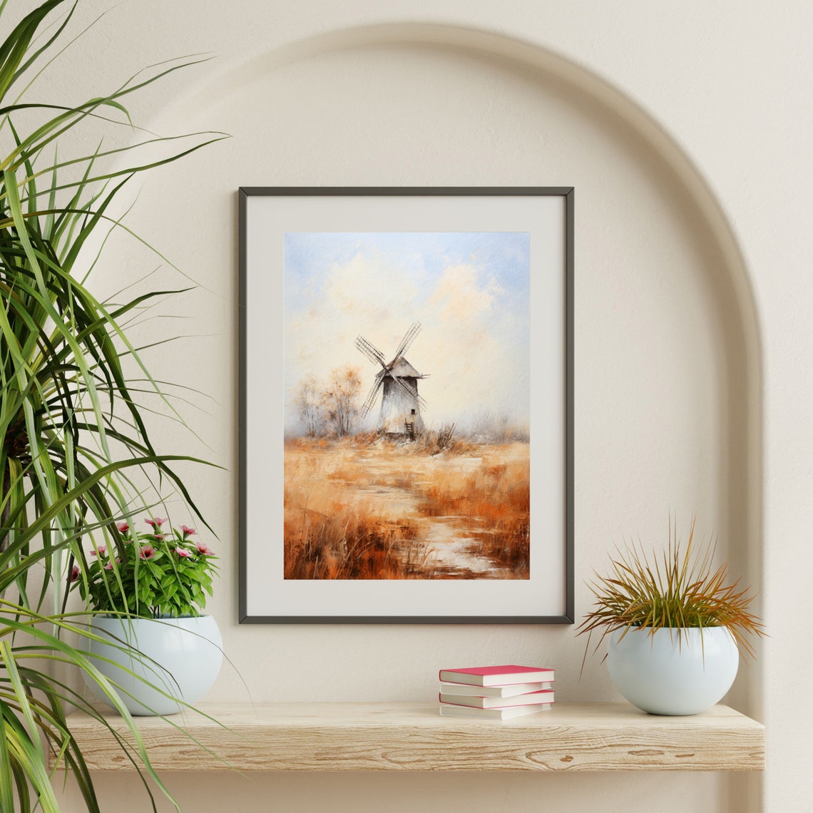 Windmill Painting Countryside Landscape Print Minimal Farmhouse Wall Decor P 586 - Image 2
