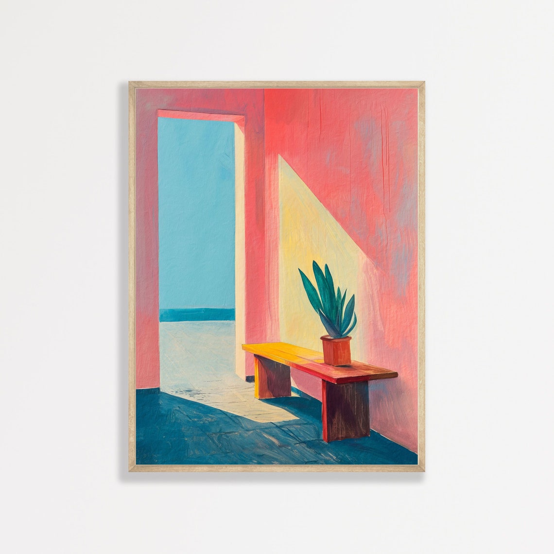 Pink Minimal Interior Blue Sea Door Bench Modern Abstract Poster