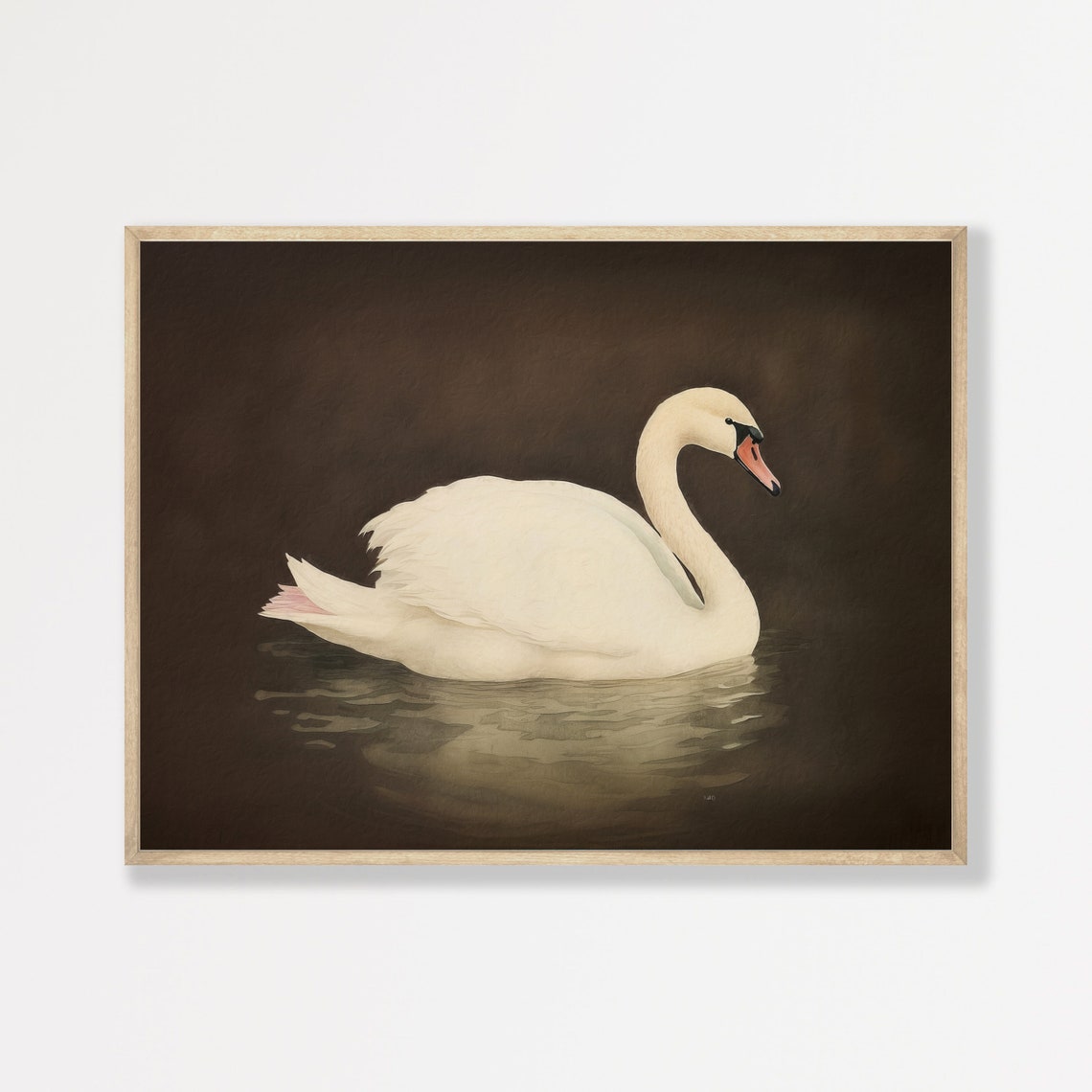 White Swan Gliding on Dark Water Moody Wildlife Wall Art Poster