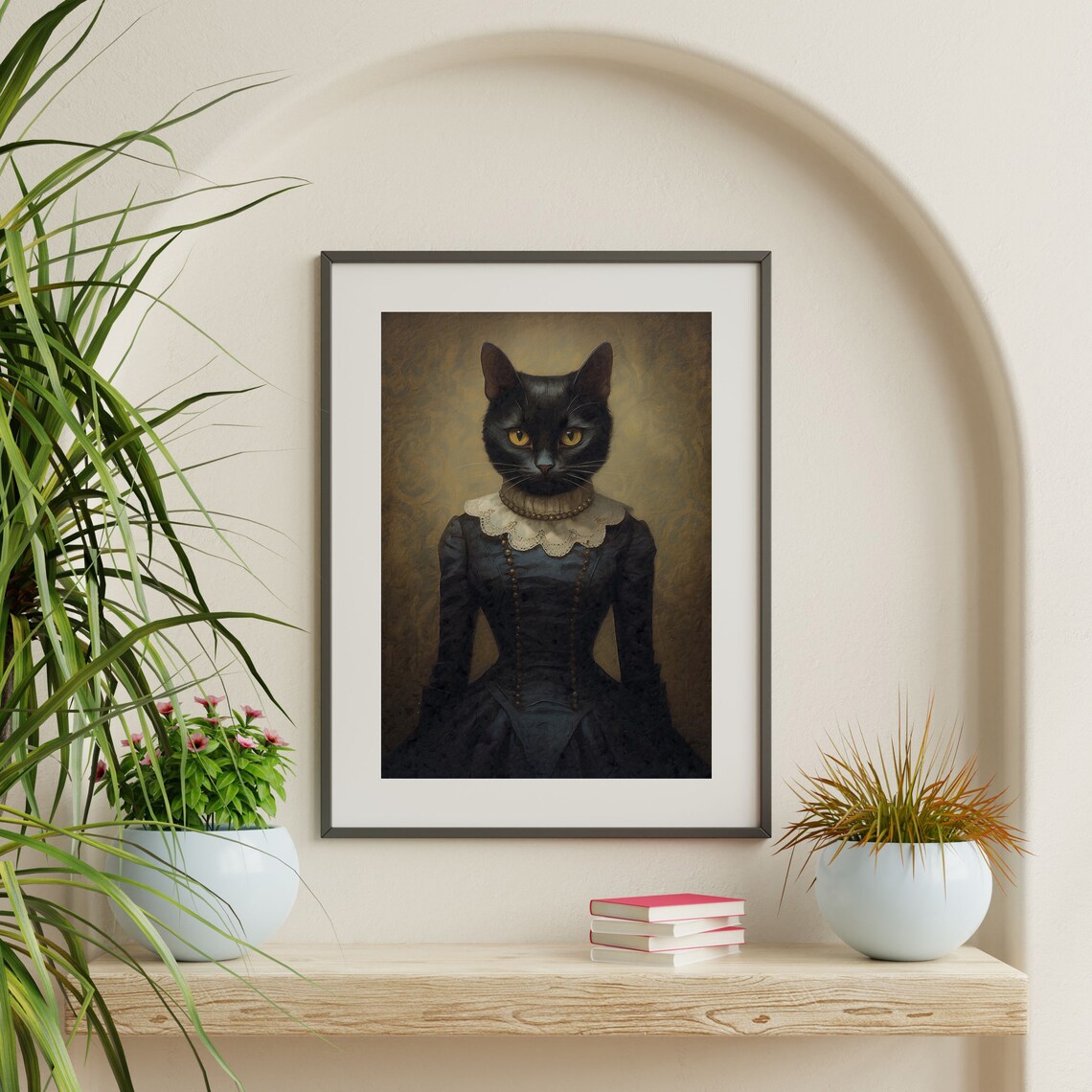 Black Cat in a Victorian Dress with Lace Collar Gothic Portrait Poster - Image 2