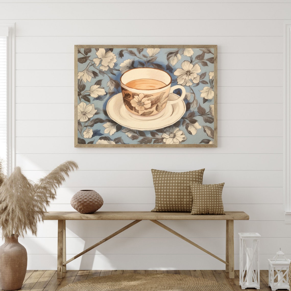 Vintage Floral Teacup on Blue Botanical Cloth Still Life Art Print - Image 3