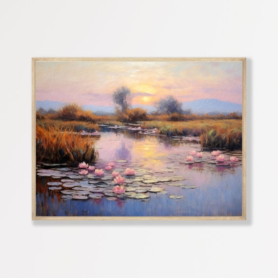 Water Lilies Painting, Retro Country Wall Art Print