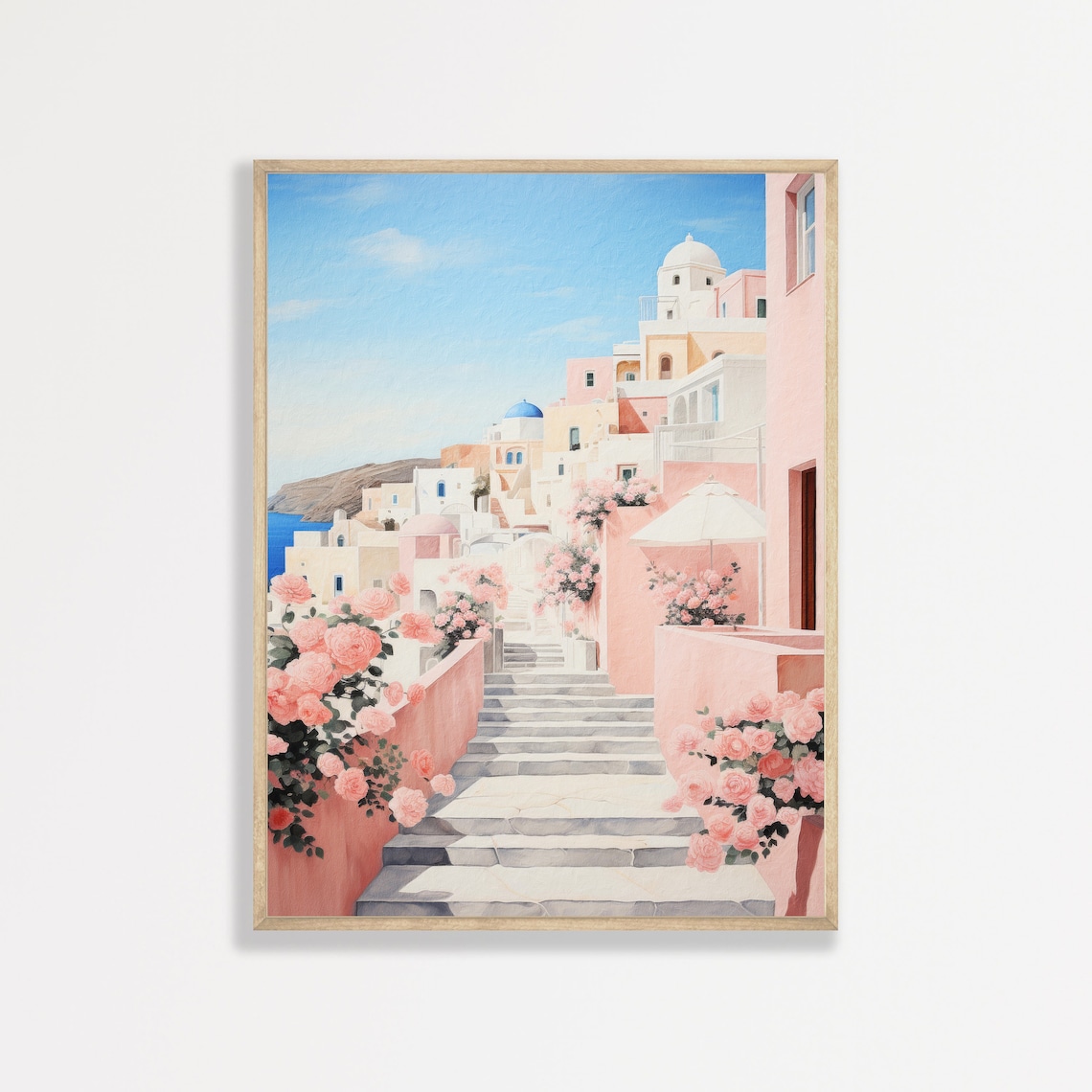 Greece Retro Pastel Coastal Travel Poster, Pink