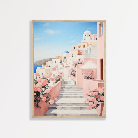 Greece Retro Pastel Coastal Travel Poster, Pink
