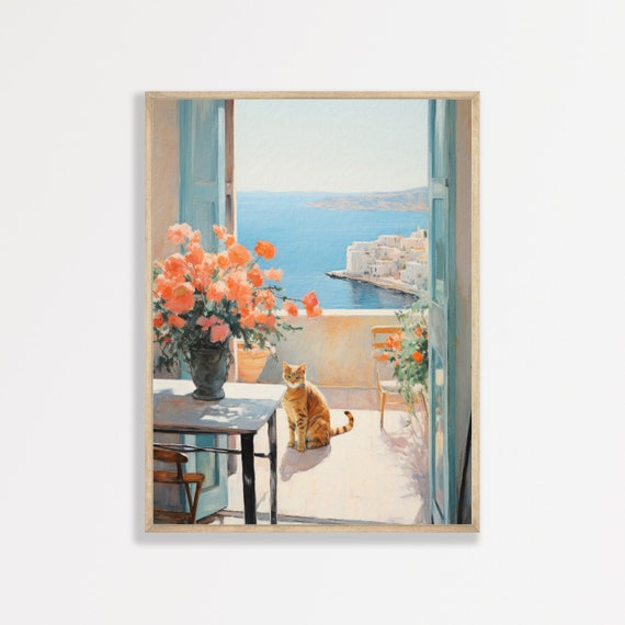 Coastal Cat Painting, Retro Greece Poster Print