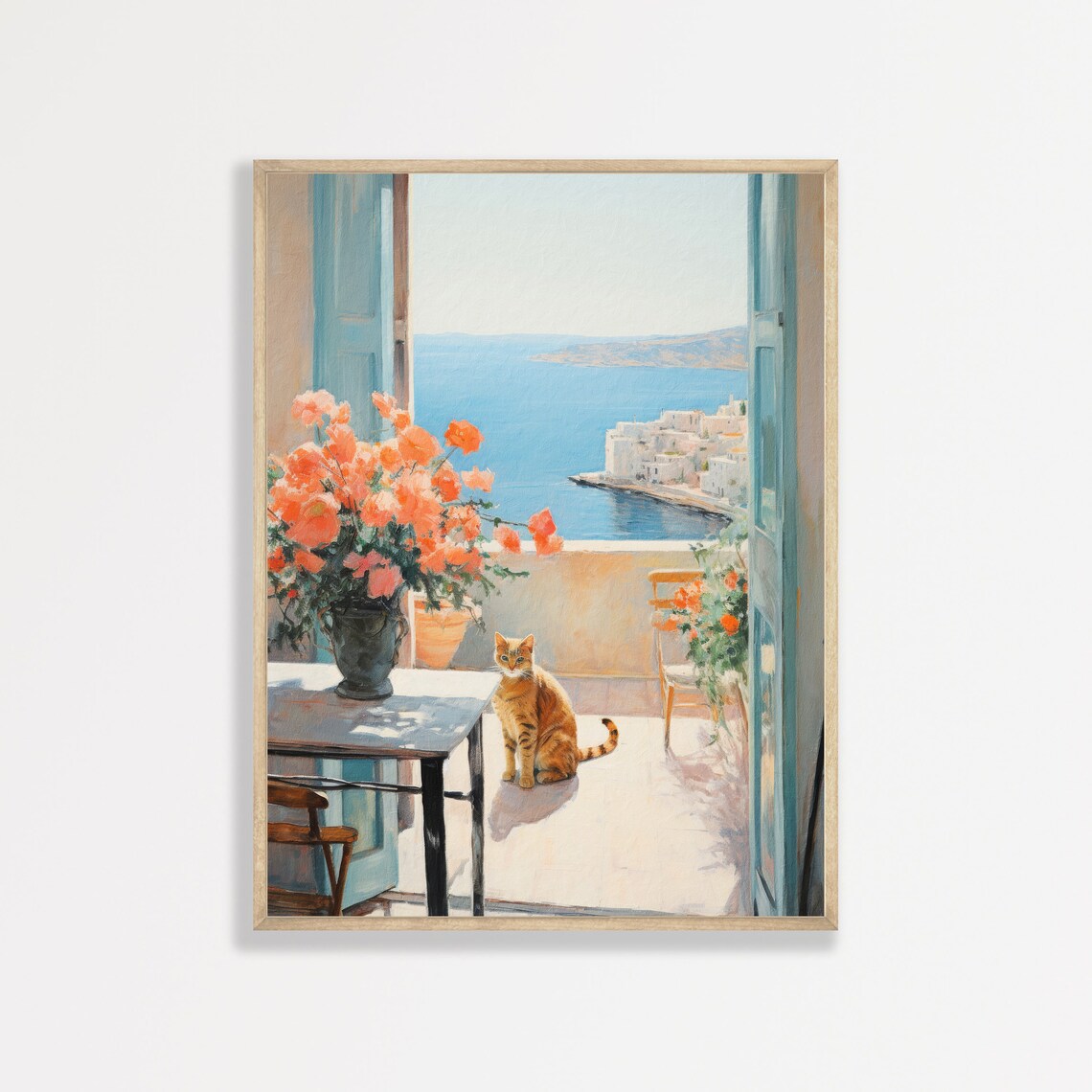 Coastal Cat Painting, Retro Greece Poster Print