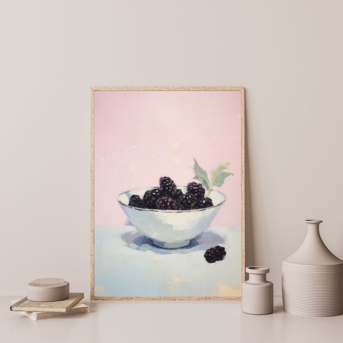 Retro Kitchen Blackberry Painting, Pastel Pink Art Print - Image 3
