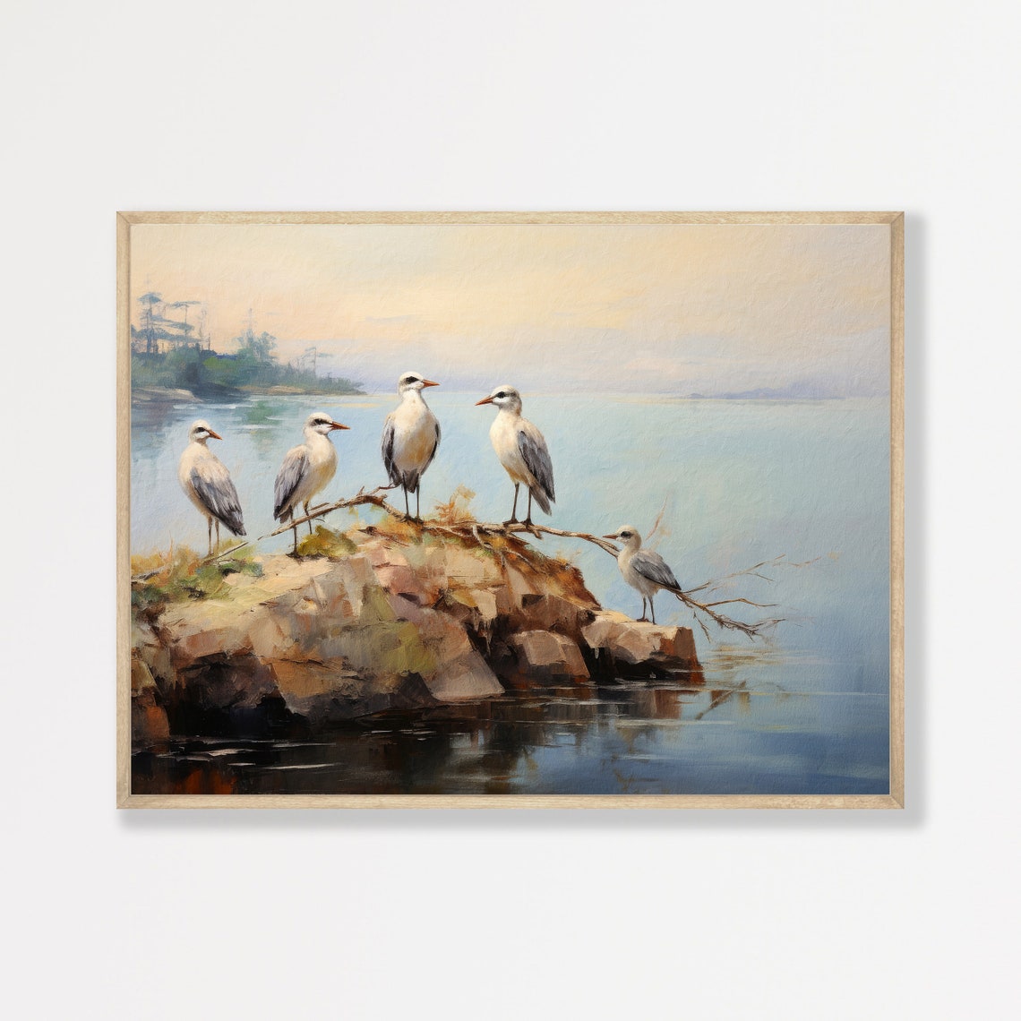 Seabirds Rocky Perch Calm Water Vintage Coastal Bird Painting Poster