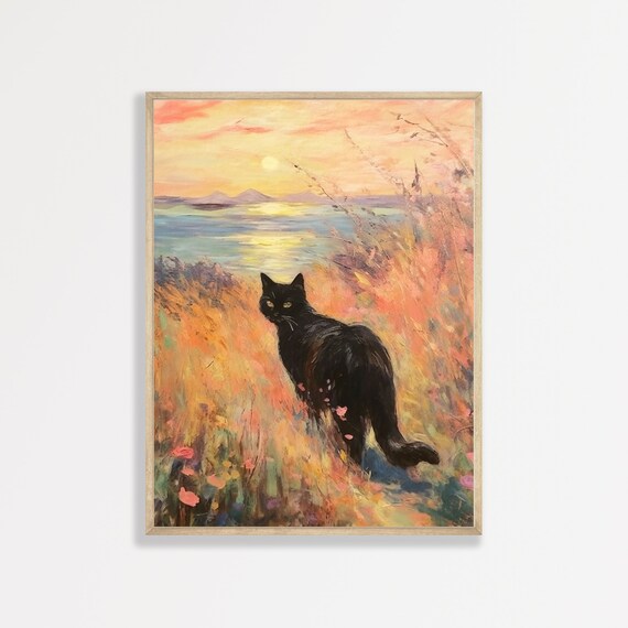 Monet-Inspired Black Cat Coastal Art Print, Retro